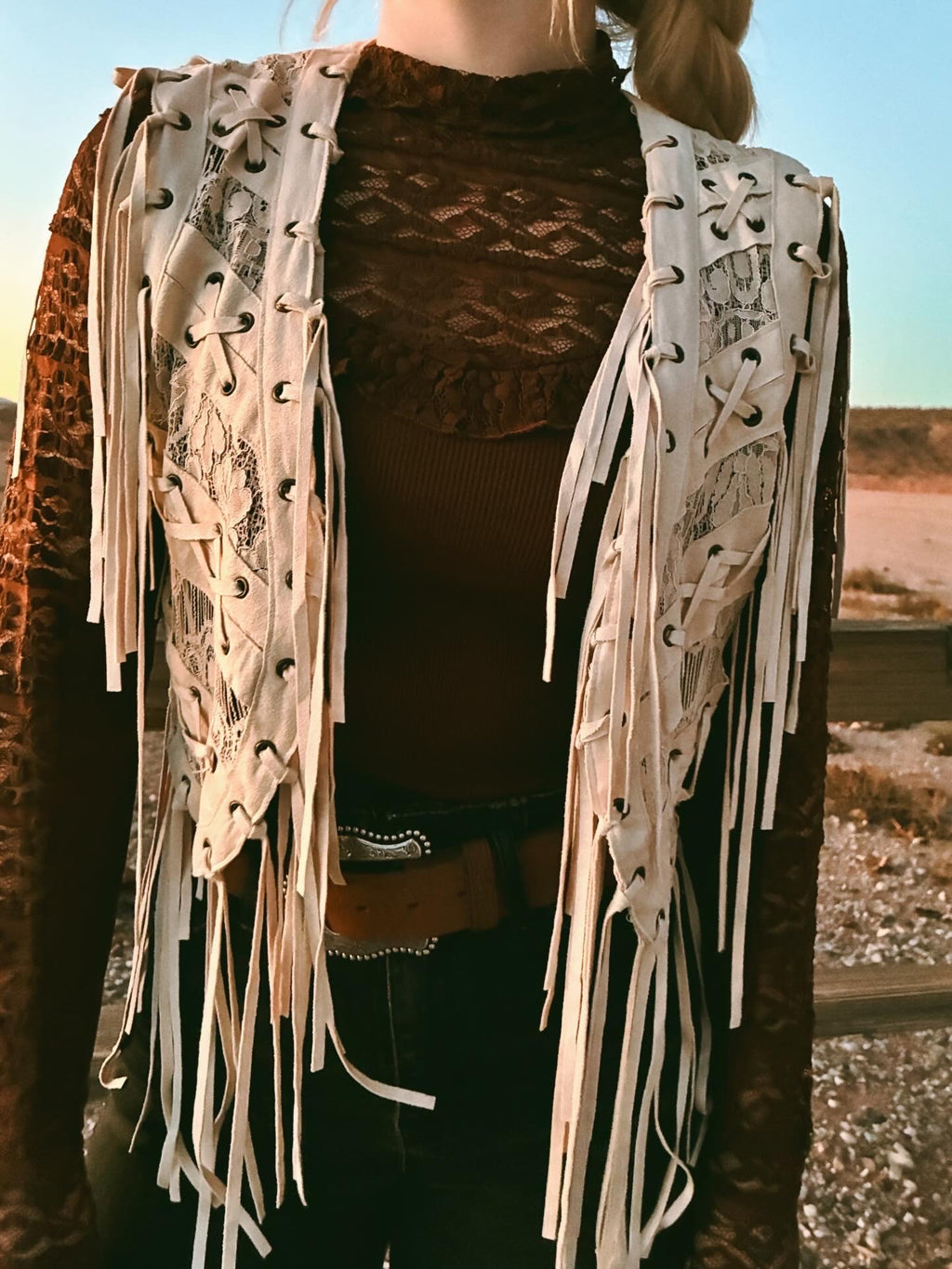 Vocal cream lace-up fringe vest with lace detailing styled over lace top western cowgirl outfit