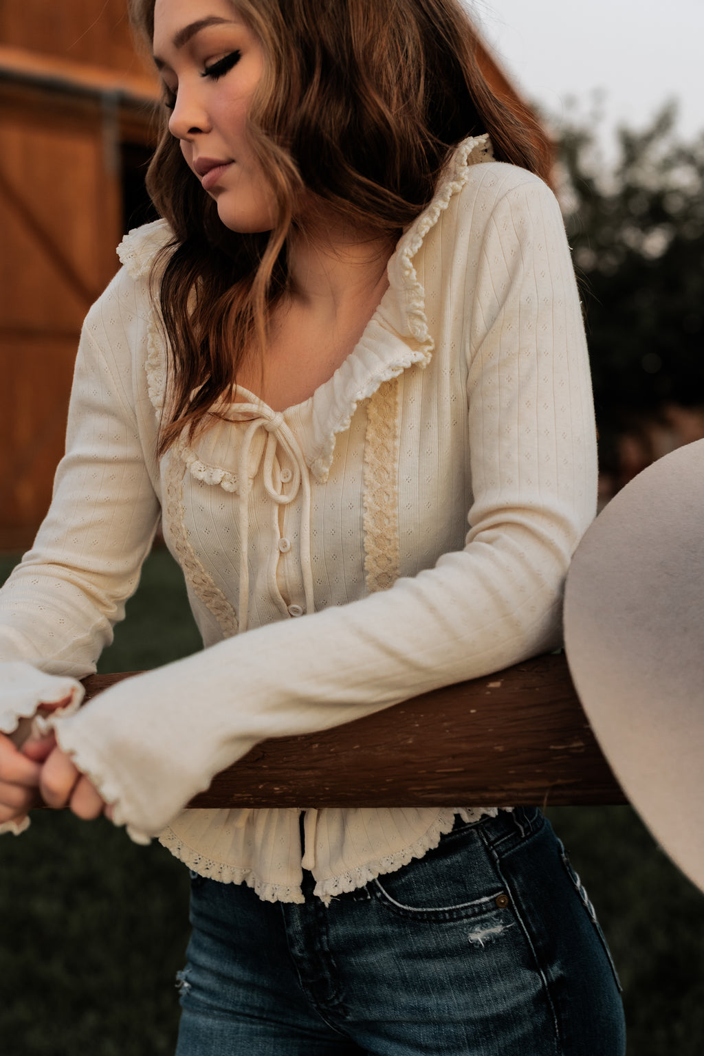 Miss Me long sleeve Western ruffle top for women