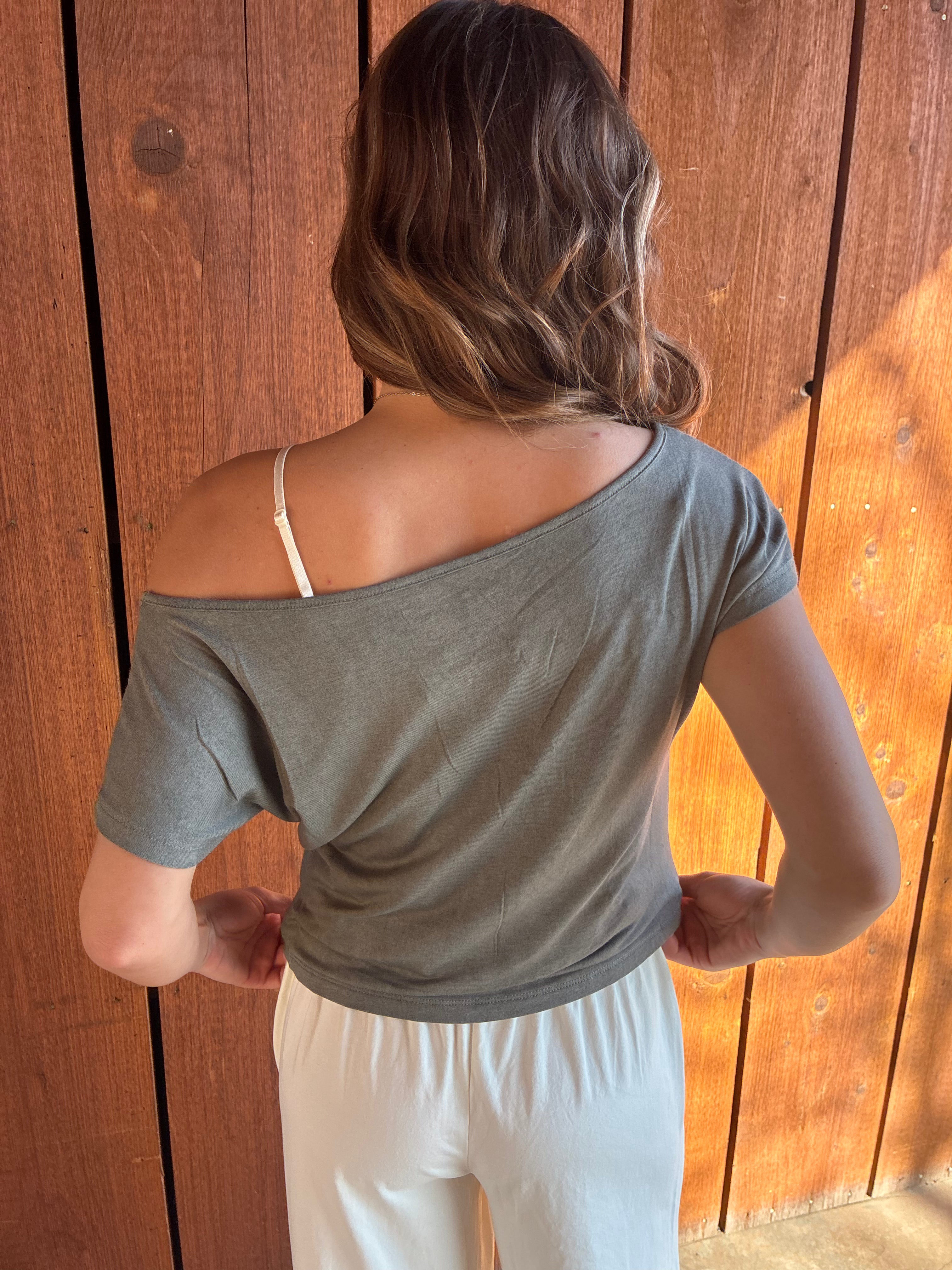 one shoulder tee from Organic Generation styled with neutral lounge pants for a casual cowgirl outfit at VNTGcowgirl western boutique.
