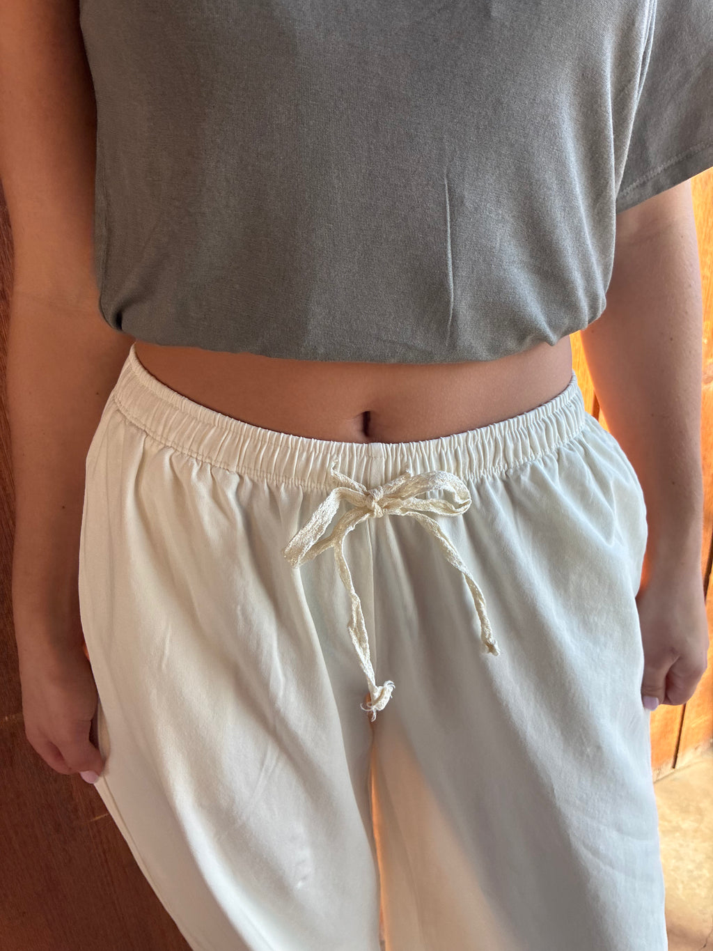 White lounge pants with lace tie waist by Nectar Clothing at VNTGcowgirl western boutique

