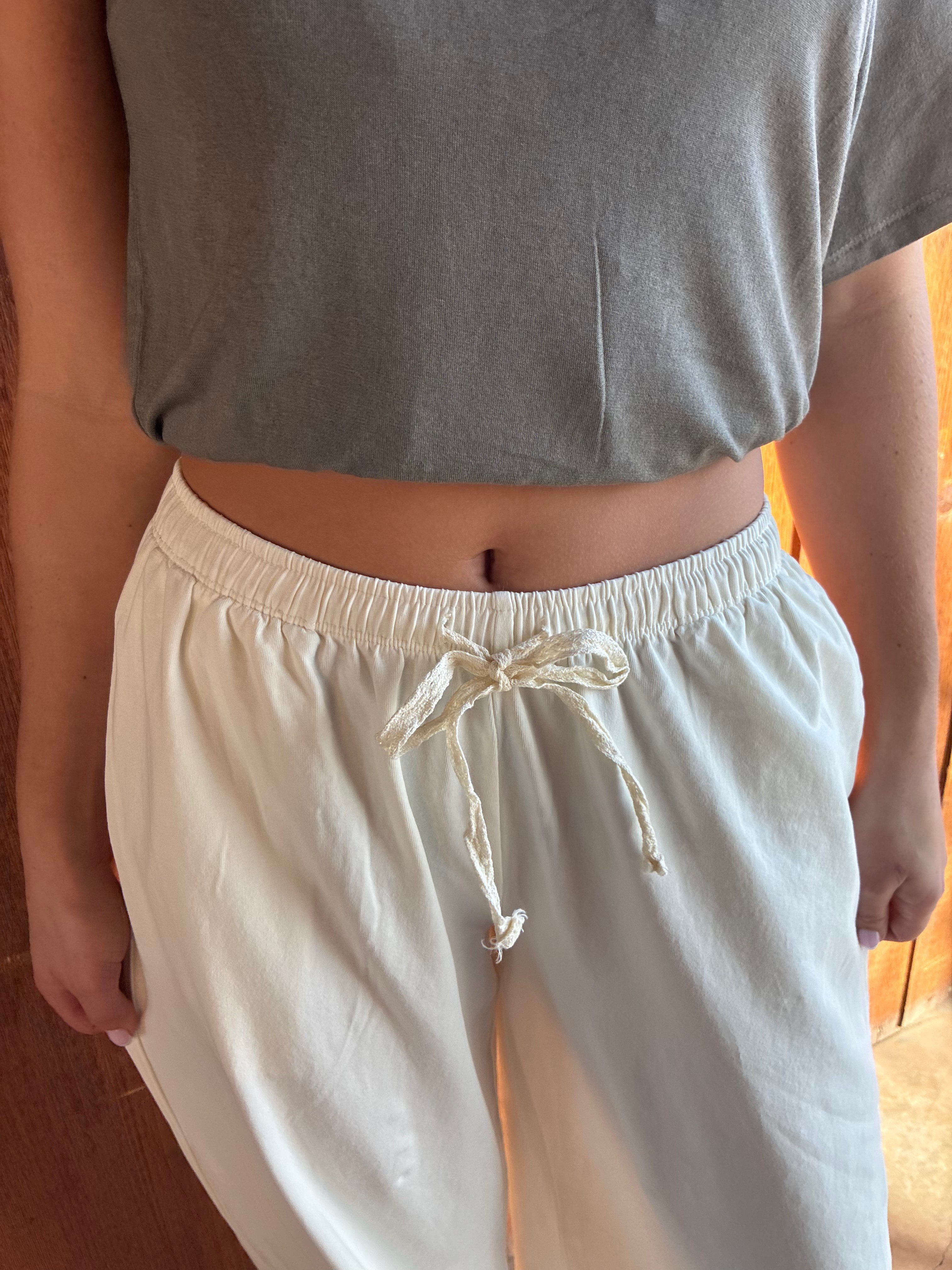 White lounge pants with lace tie waist by Nectar Clothing at VNTGcowgirl western boutique
