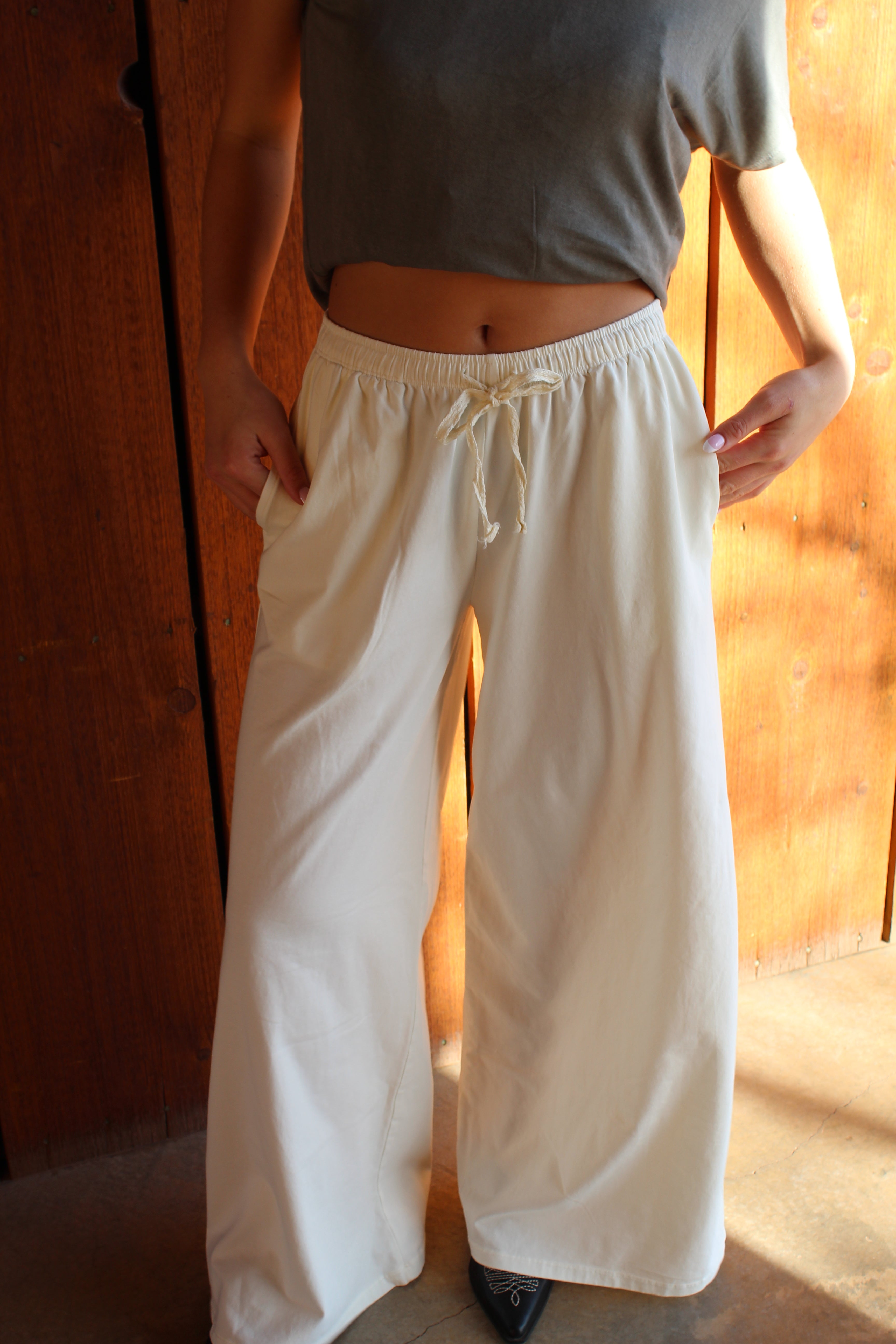 White lounge pants with lace tie waist by Nectar Clothing at VNTGcowgirl western boutique
