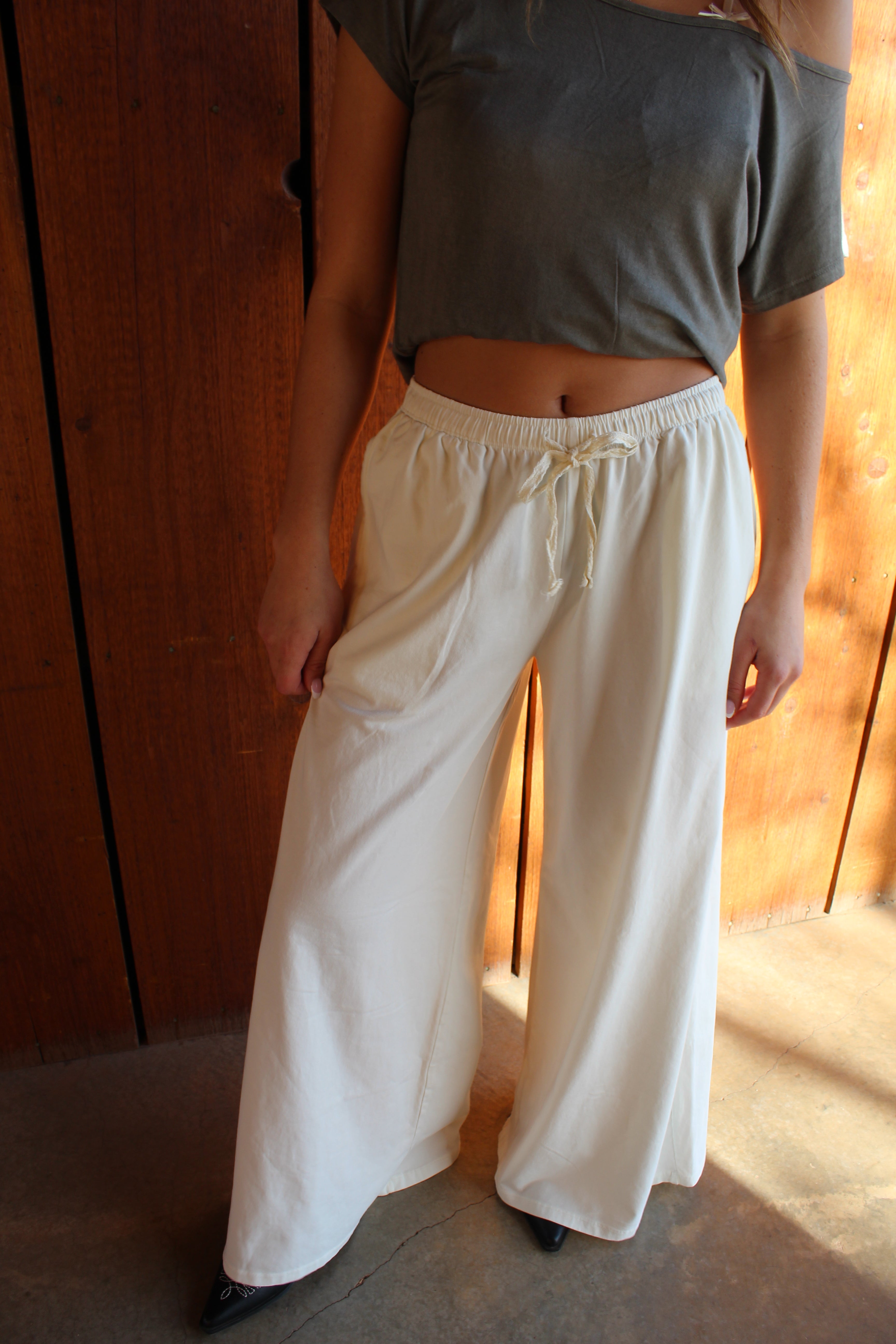 White lounge pants with lace tie waist by Nectar Clothing at VNTGcowgirl western boutique
