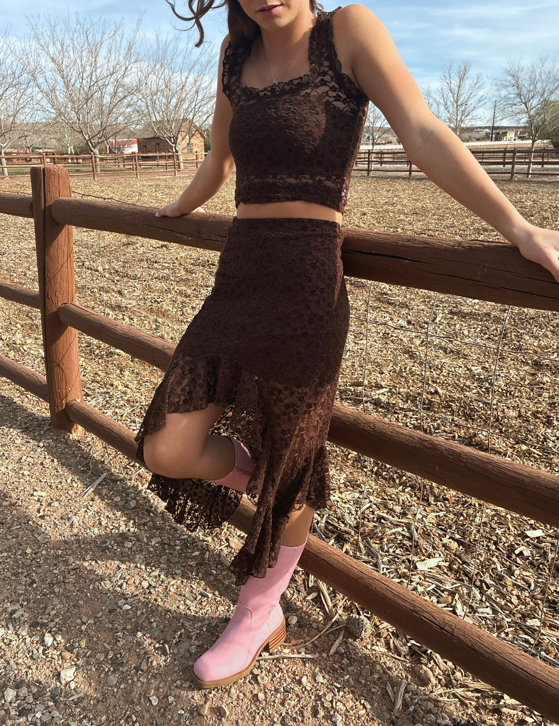 Nectar Clothing brown lace maxi skirt western outfit
