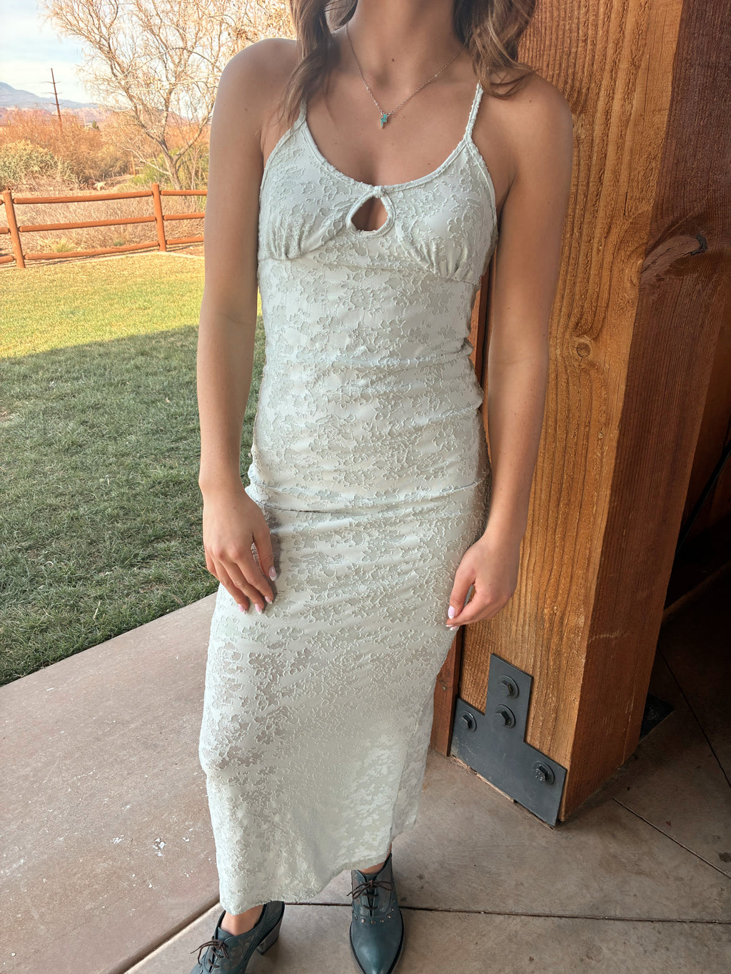 Sage floral lace maxi dress by Nectar Clothing at VNTGcowgirl western boutique
