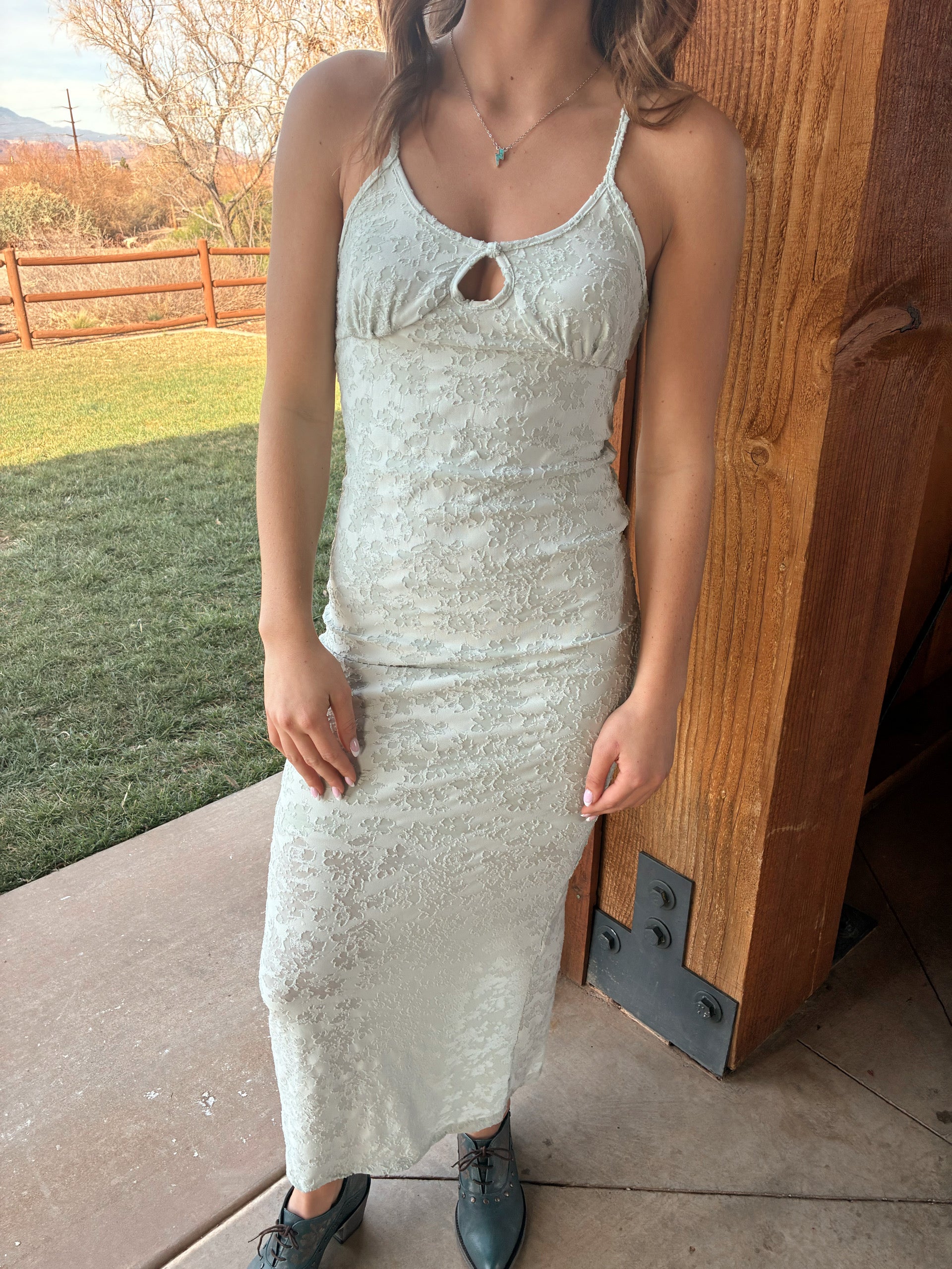 Sage floral lace maxi dress by Nectar Clothing at VNTGcowgirl western boutique
