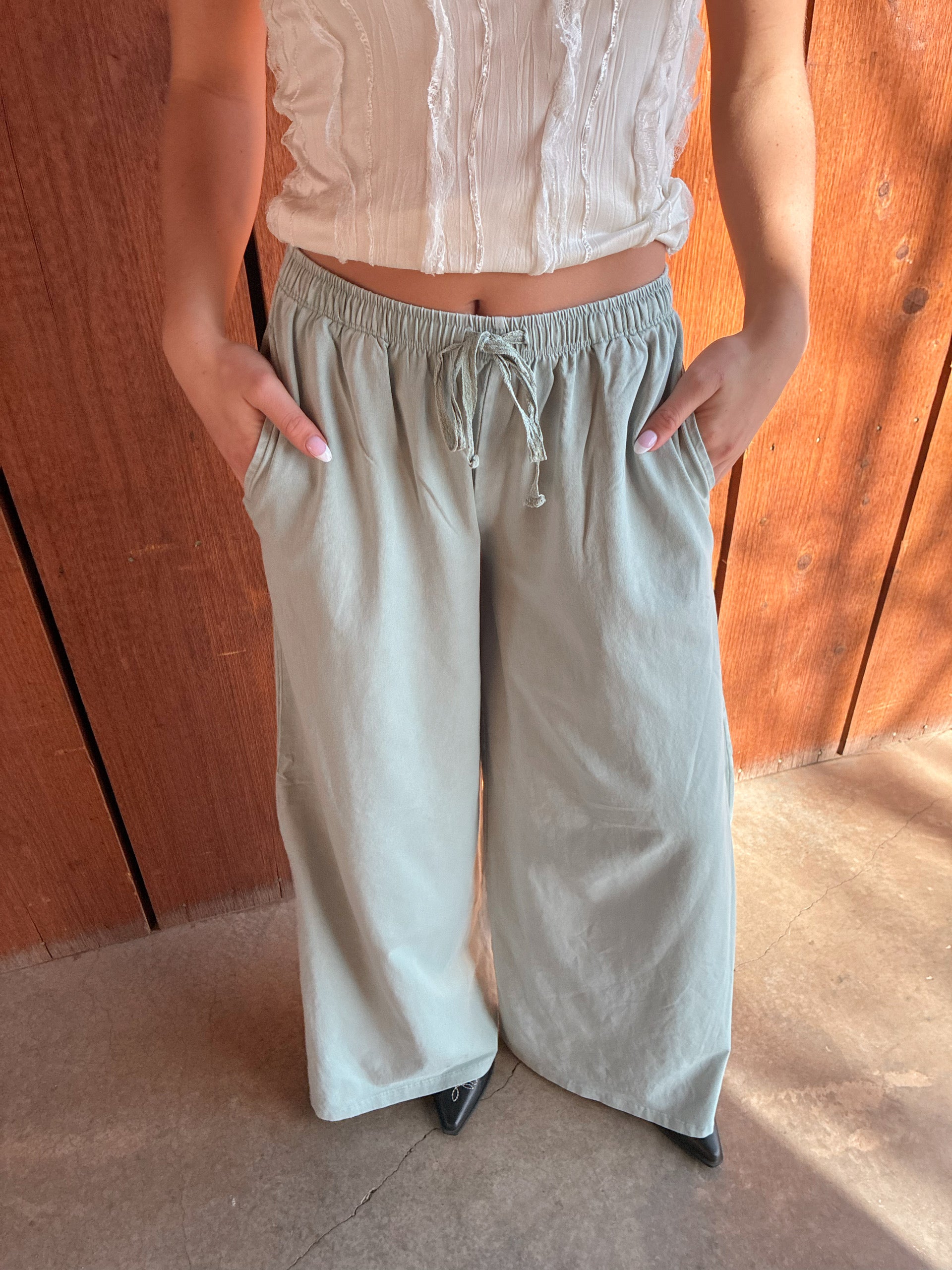 Sage green lounge pants with lace tie waist by Nectar Clothing at VNTGcowgirl western boutique