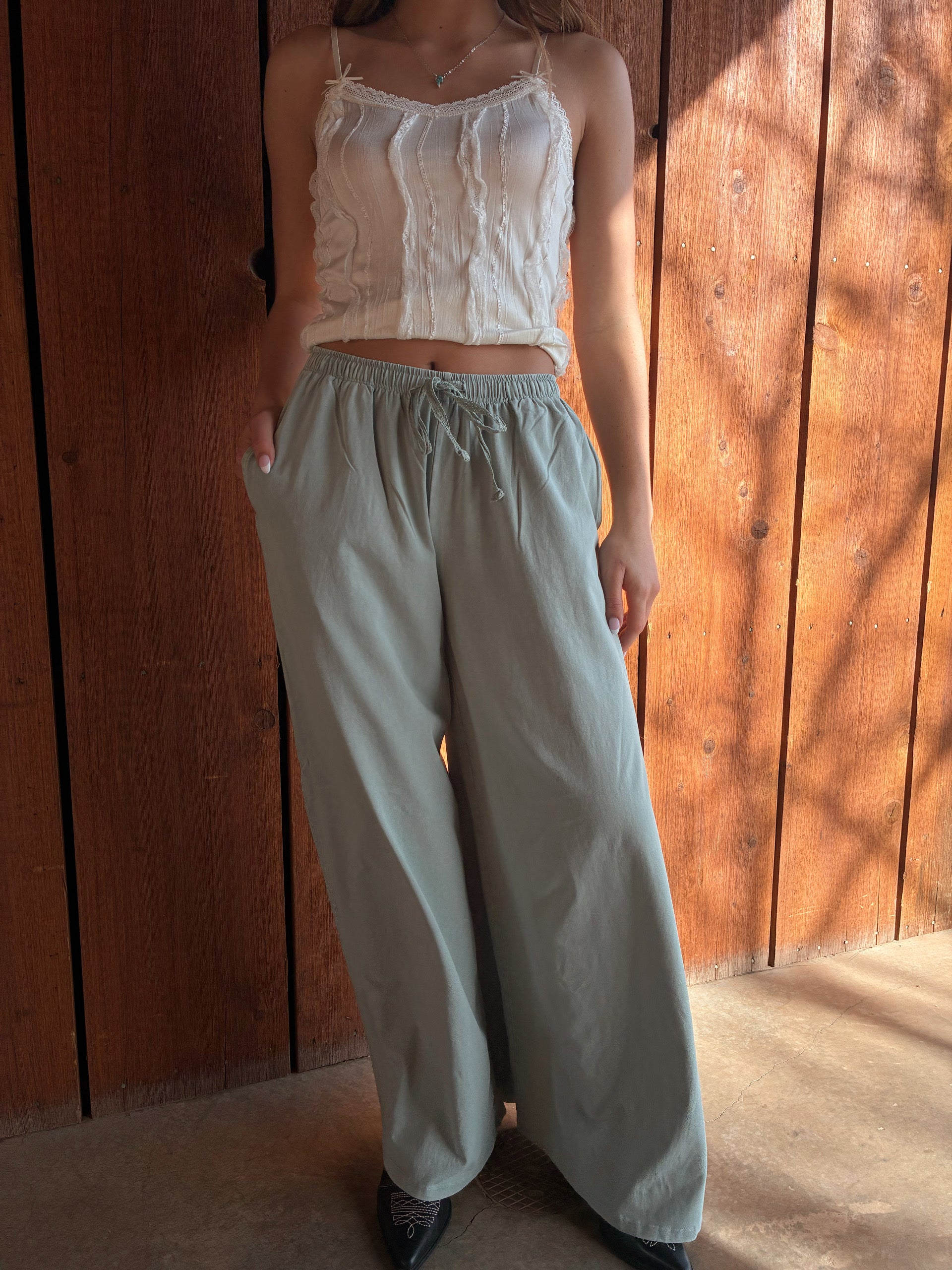 Sage green lounge pants with lace tie waist by Nectar Clothing at VNTGcowgirl western boutique
