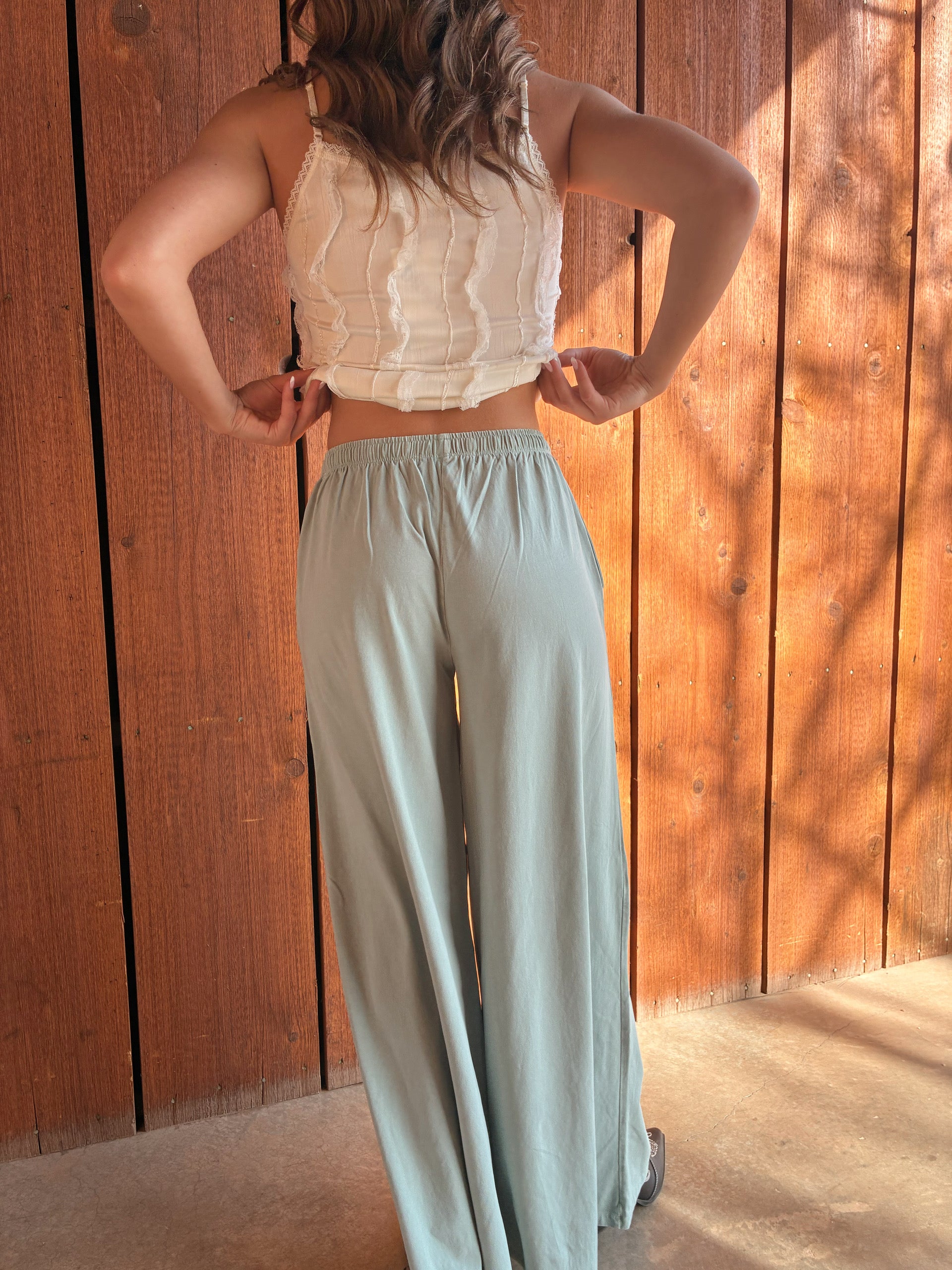 Sage green lounge pants with lace tie waist by Nectar Clothing at VNTGcowgirl western boutique
