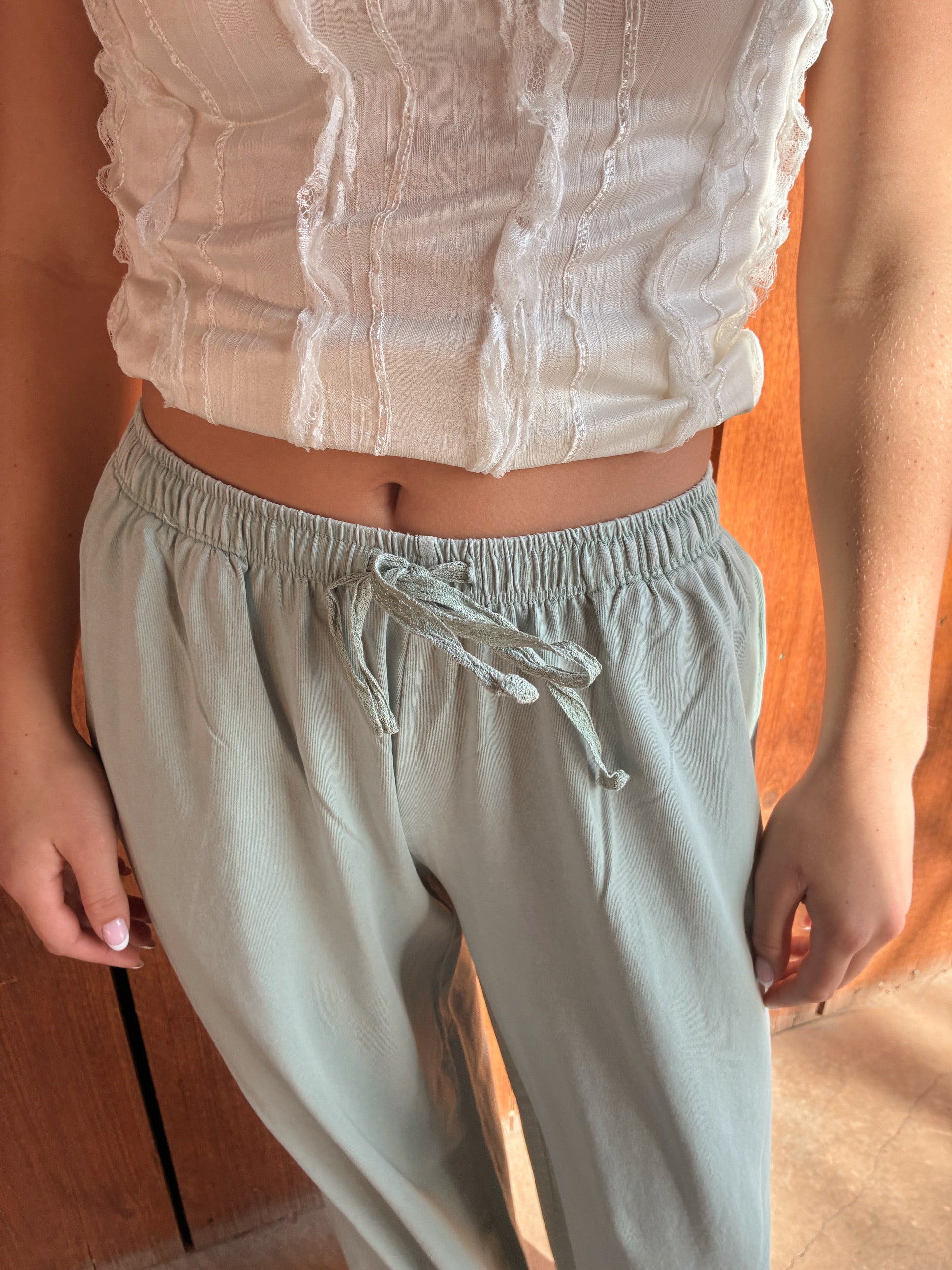 Sage green lounge pants with lace tie waist by Nectar Clothing at VNTGcowgirl western boutique