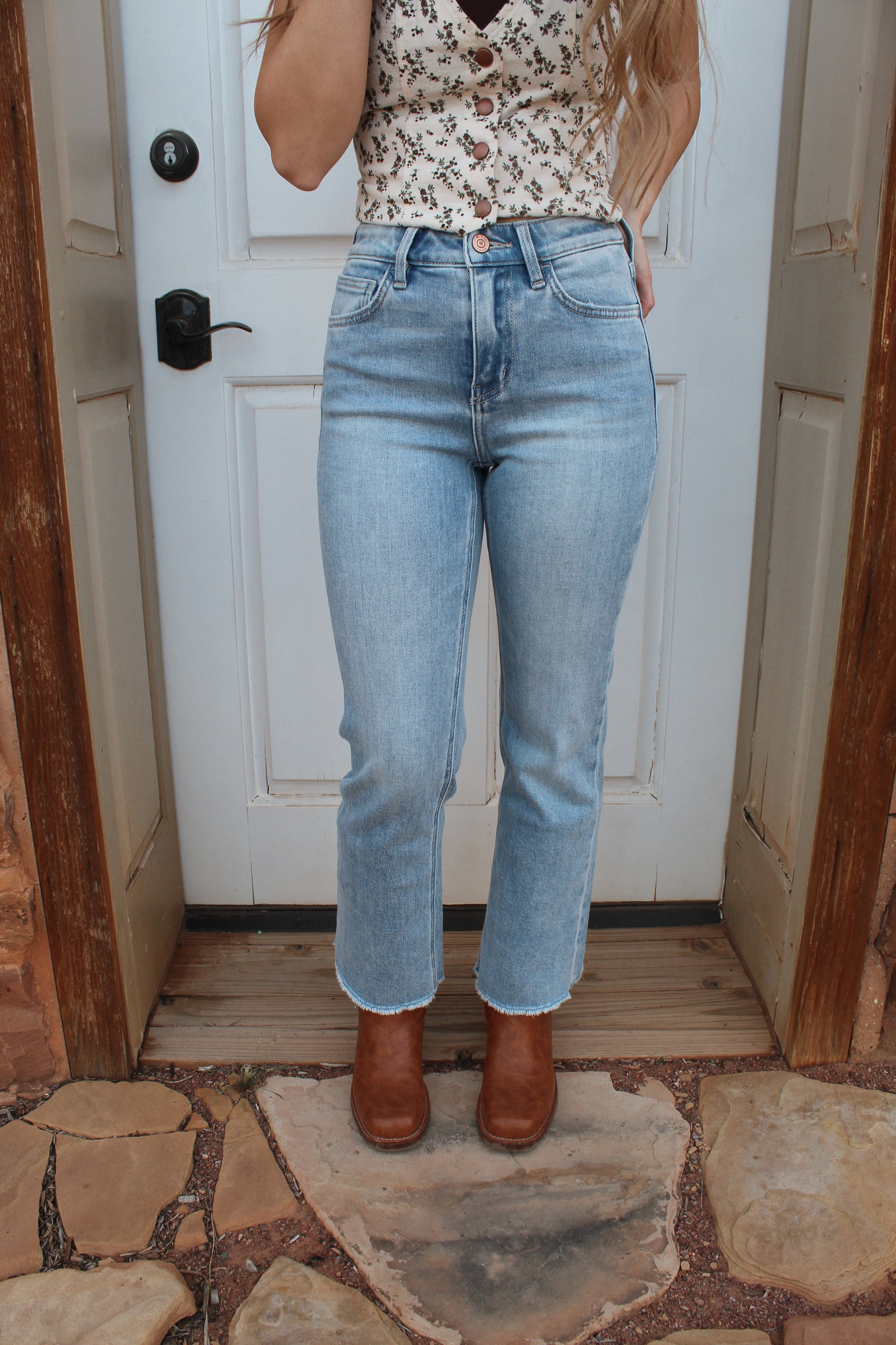 Flying Monkey high rise light wash kick flare jeans with cropped raw hem 