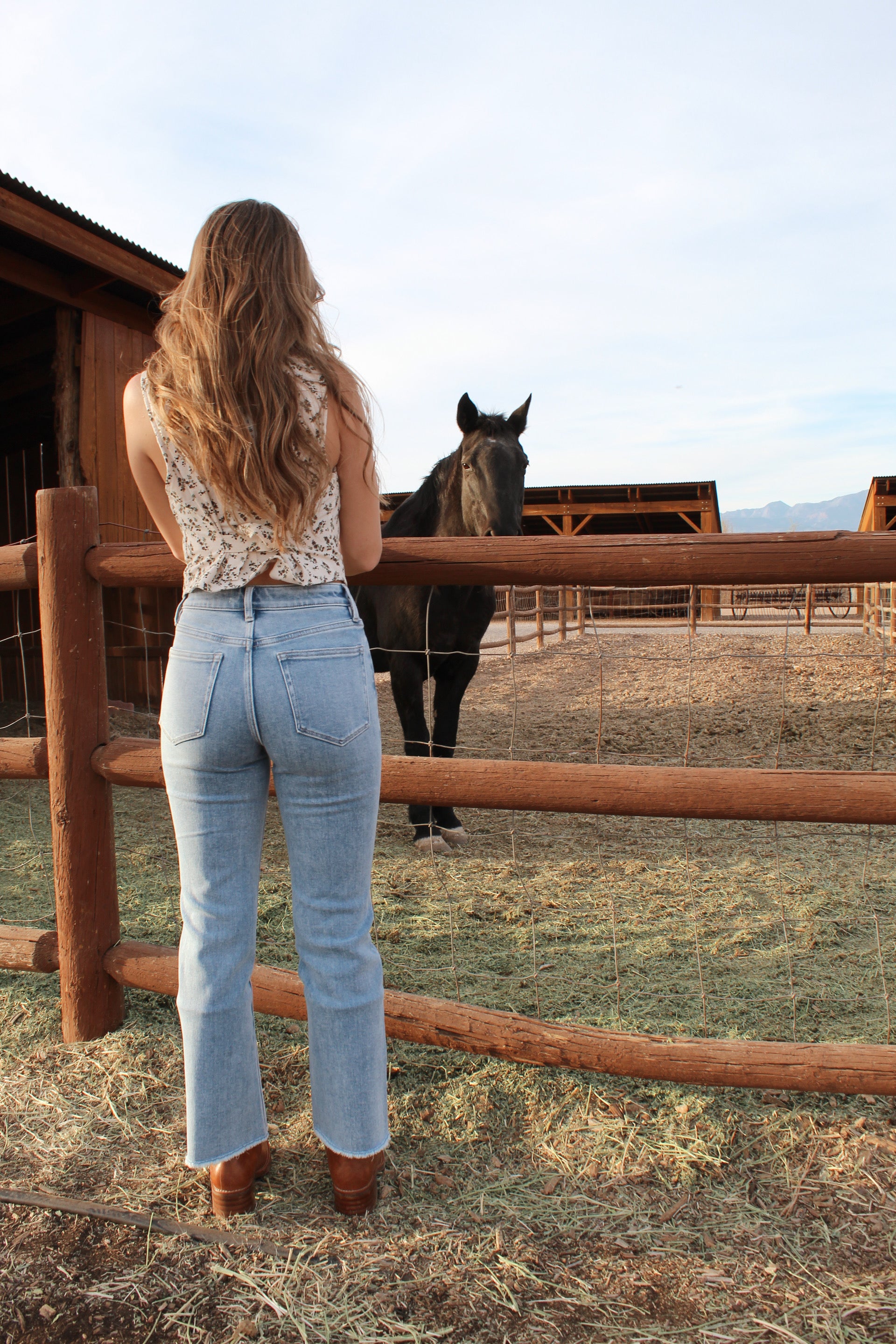 Flying Monkey high rise light wash kick flare jeans with cropped raw hem 