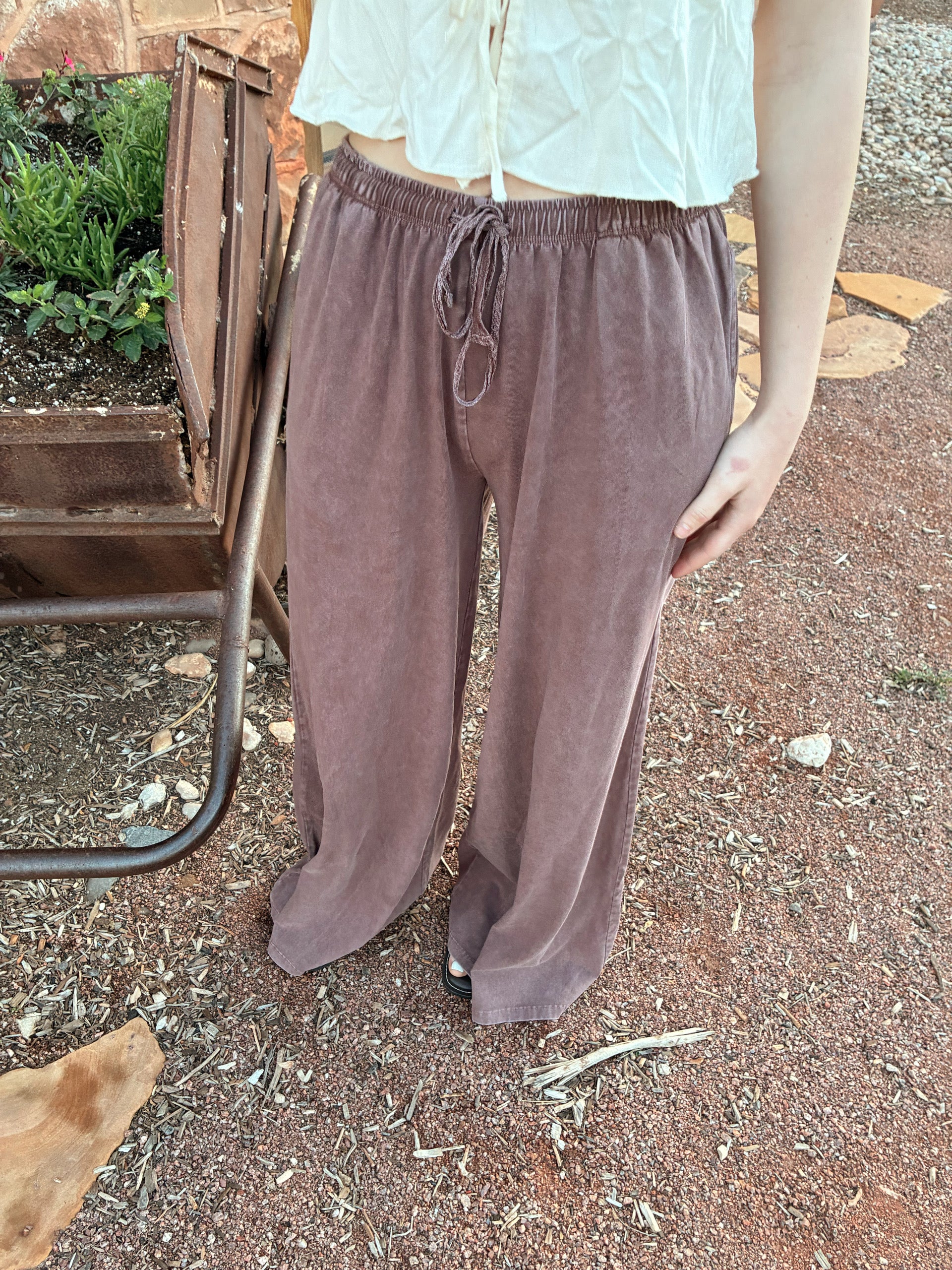 Brown lace tie wide leg lounge pants with elastic waist boho western outfit