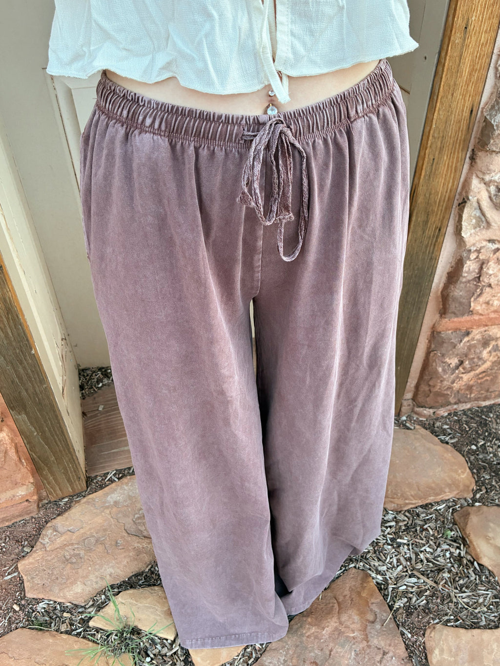Brown lace tie wide leg lounge pants with elastic waist boho western outfit