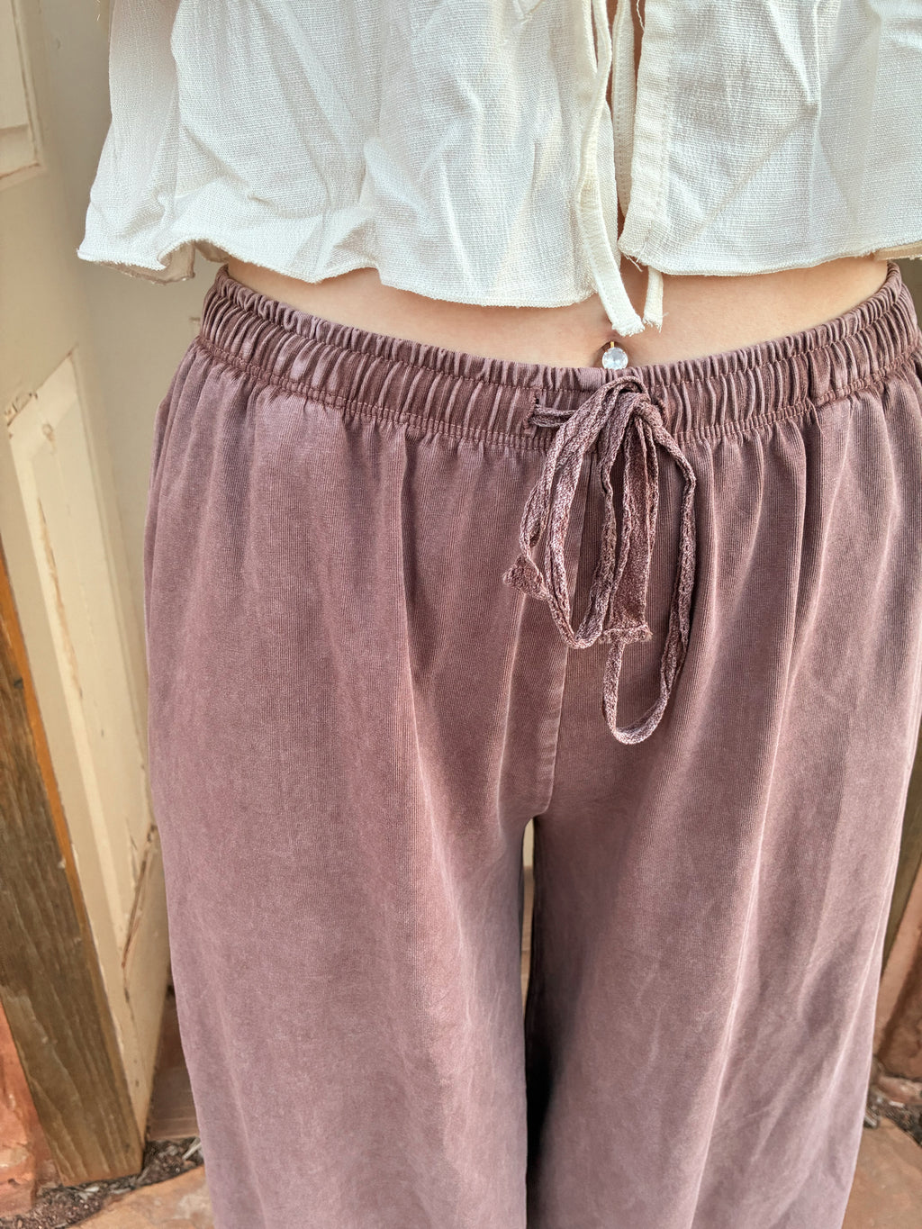 Brown lace tie wide leg lounge pants with elastic waist boho western outfit