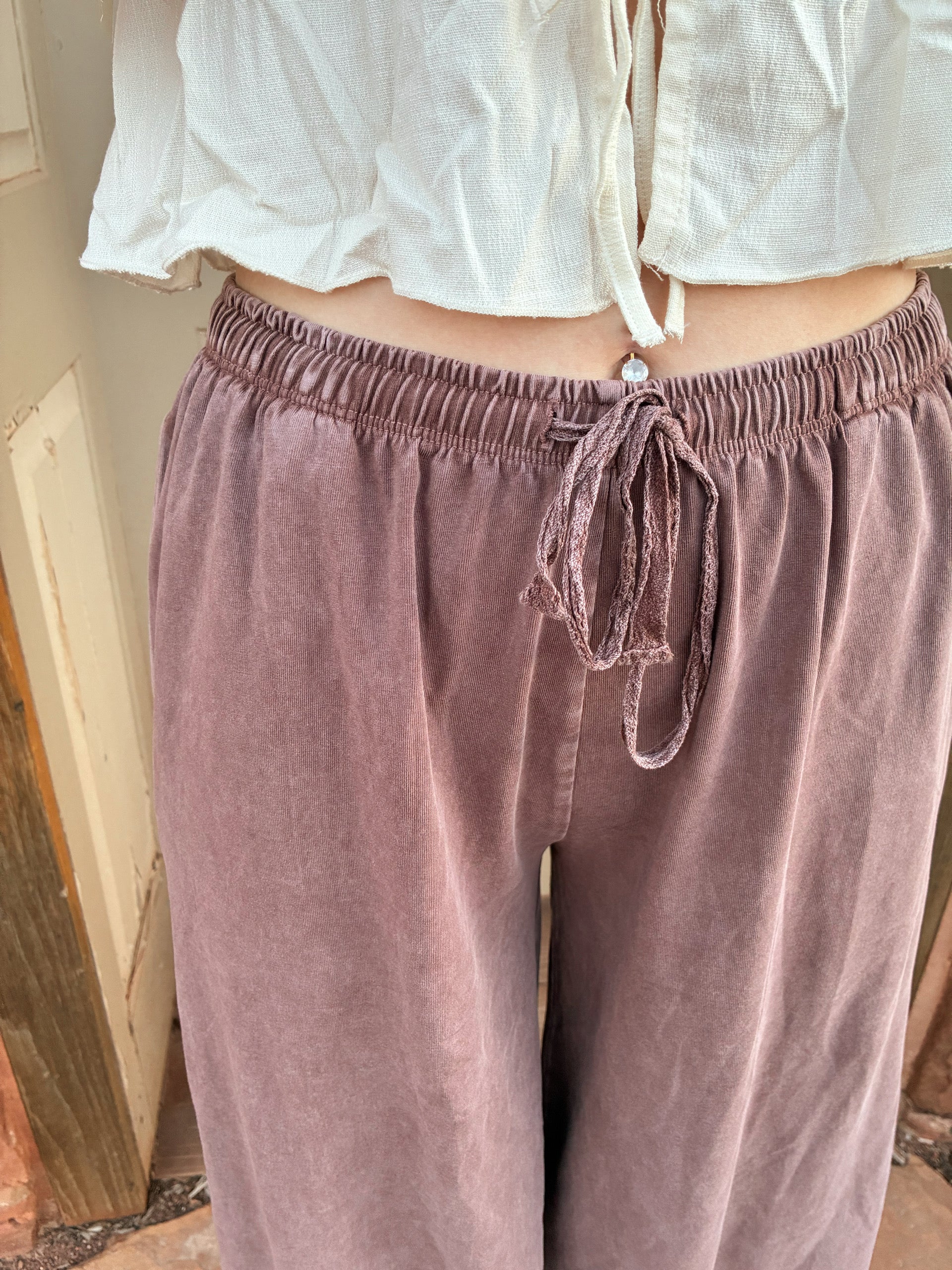 Brown lace tie wide leg lounge pants with elastic waist boho western outfit