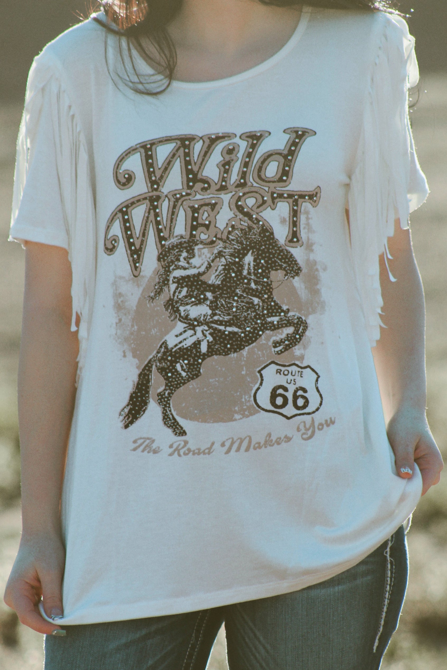 Vocal Wild West fringe sleeve graphic tee with Route 66 western cowgirl design