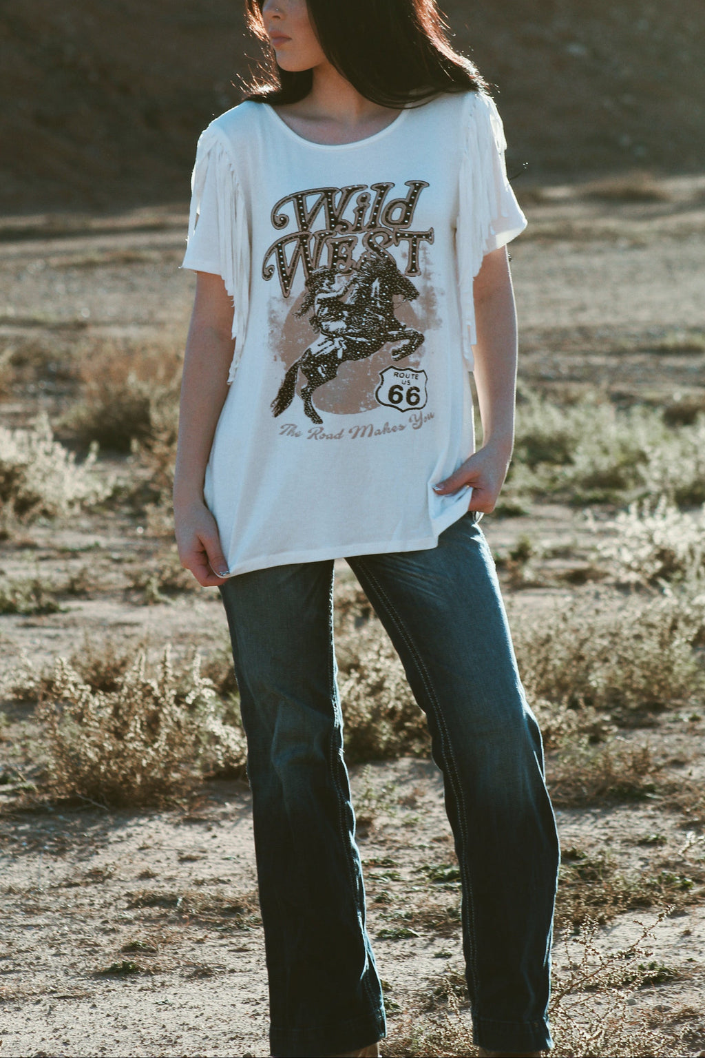 Rhinestone Wild West Route 66 Top Fringe Graphic Tee