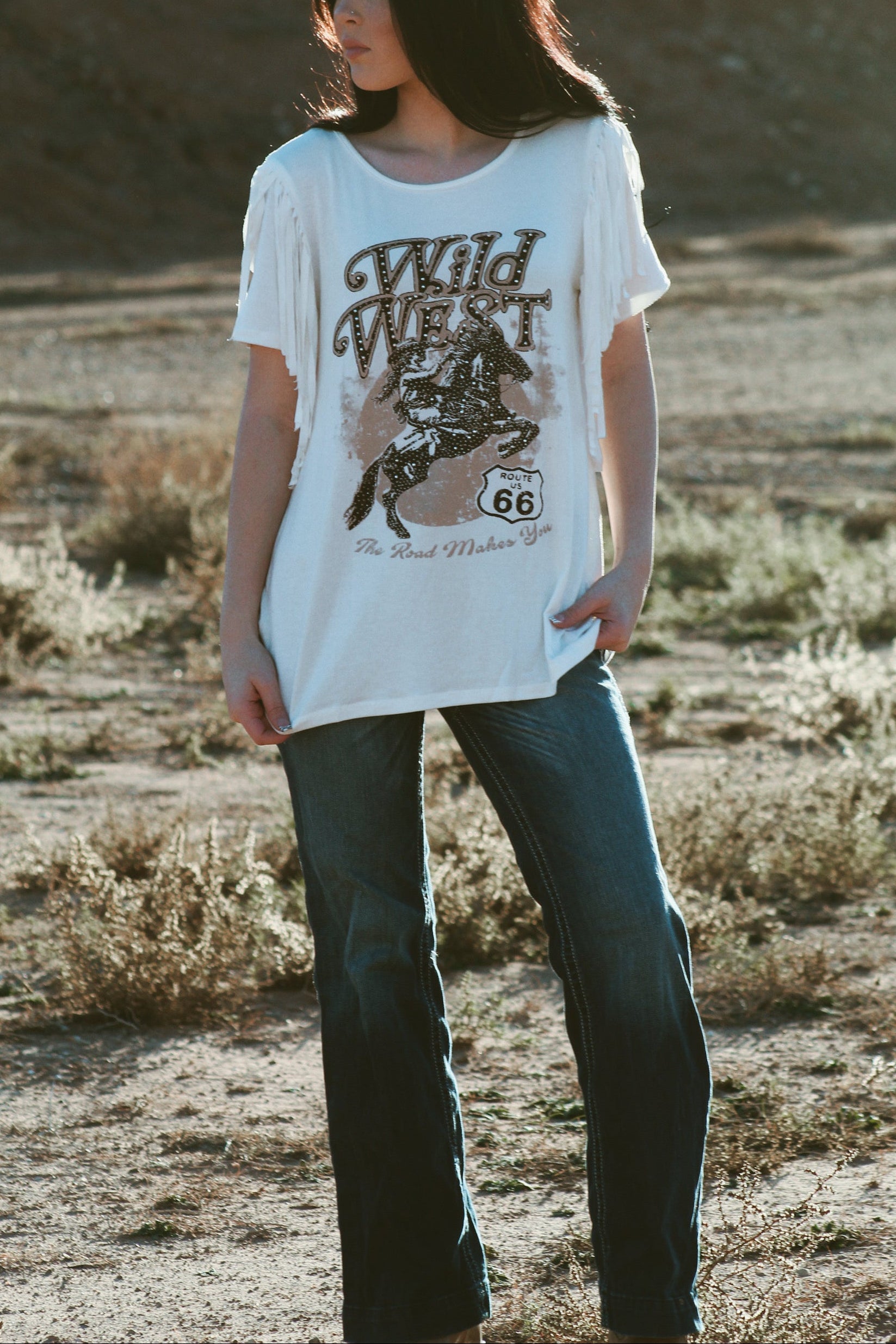 Rhinestone Wild West Route 66 Top Fringe Graphic Tee