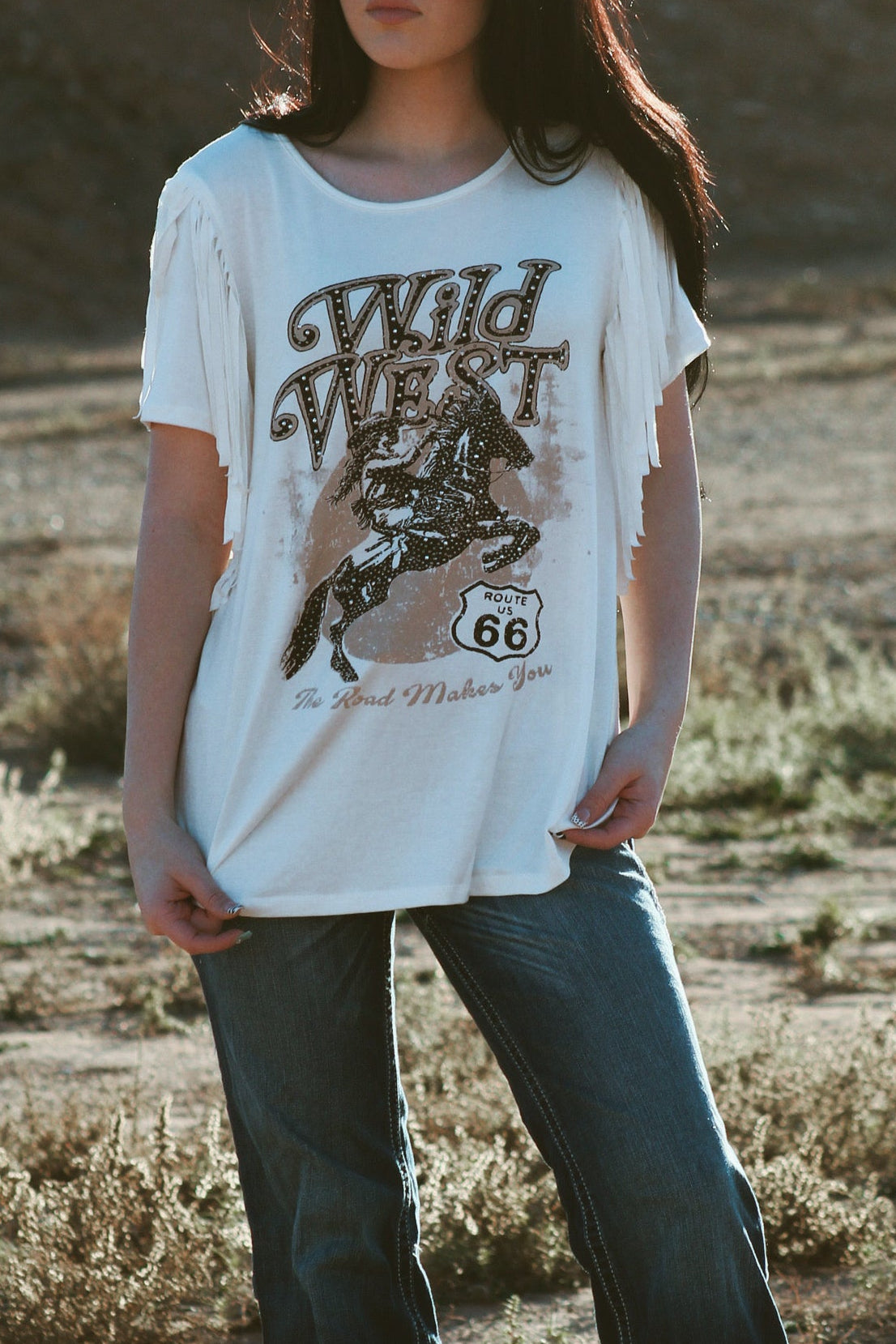 Rhinestone Wild West Route 66 Top Fringe Graphic Tee