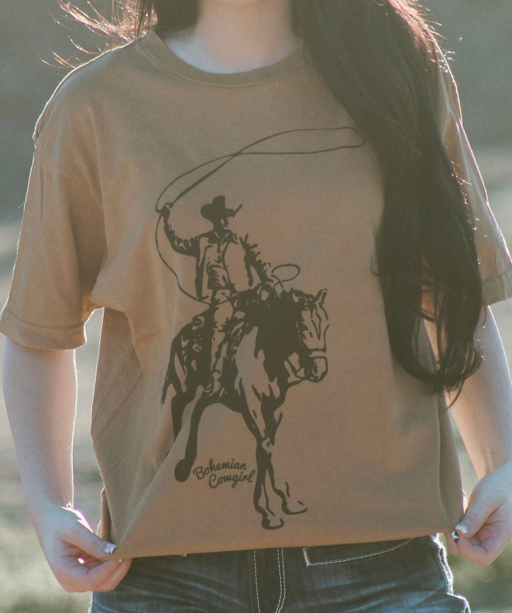 Bohemian Cowgirl western roper graphic tee with cowboy lasso design for women