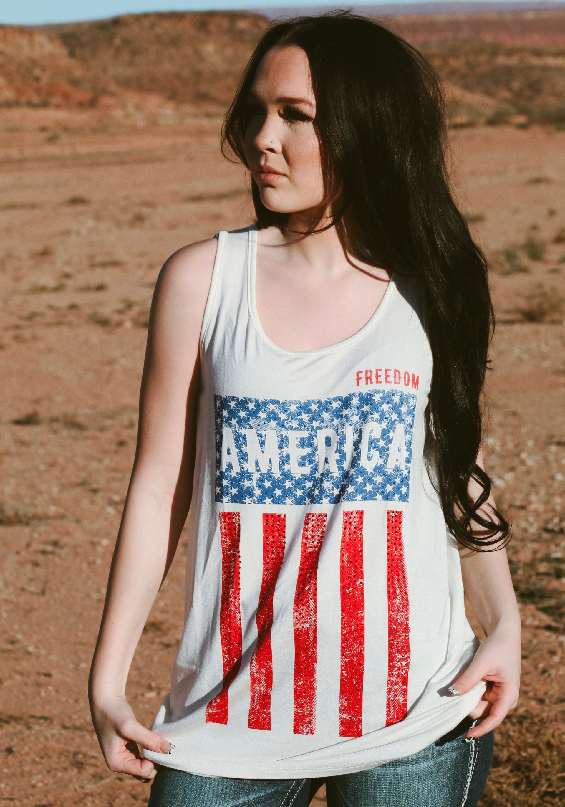 Vocal patriotic America graphic tank with distressed American flag design for women