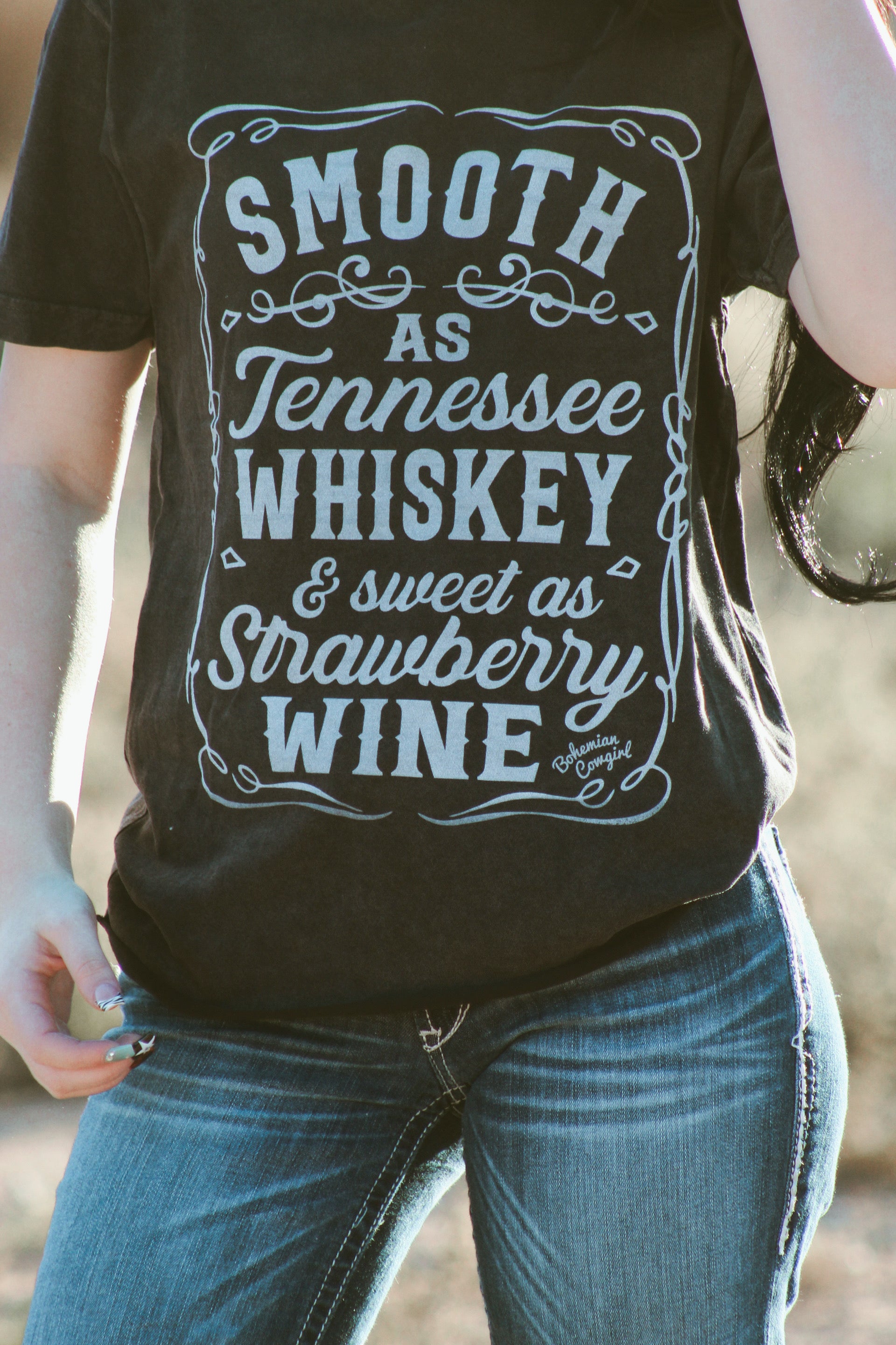 Bohemian cowgirl black graphic tee with smooth as Tennessee whiskey western country design