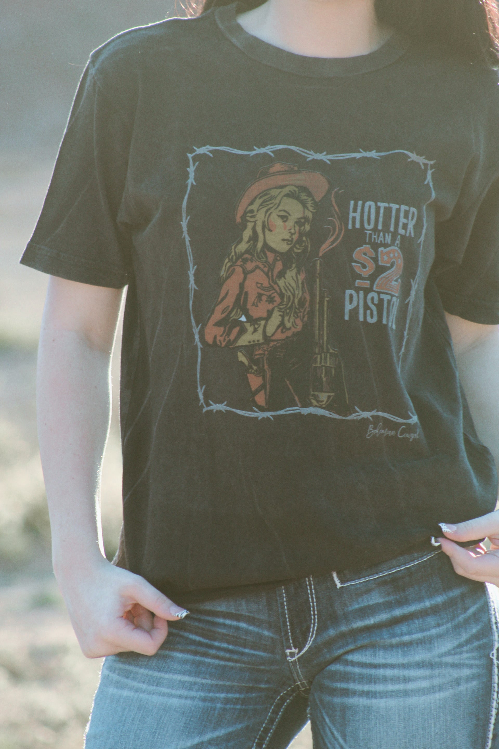 Bohemian cowgirl black graphic tee with hotter than a .52 pistol western cowgirl design