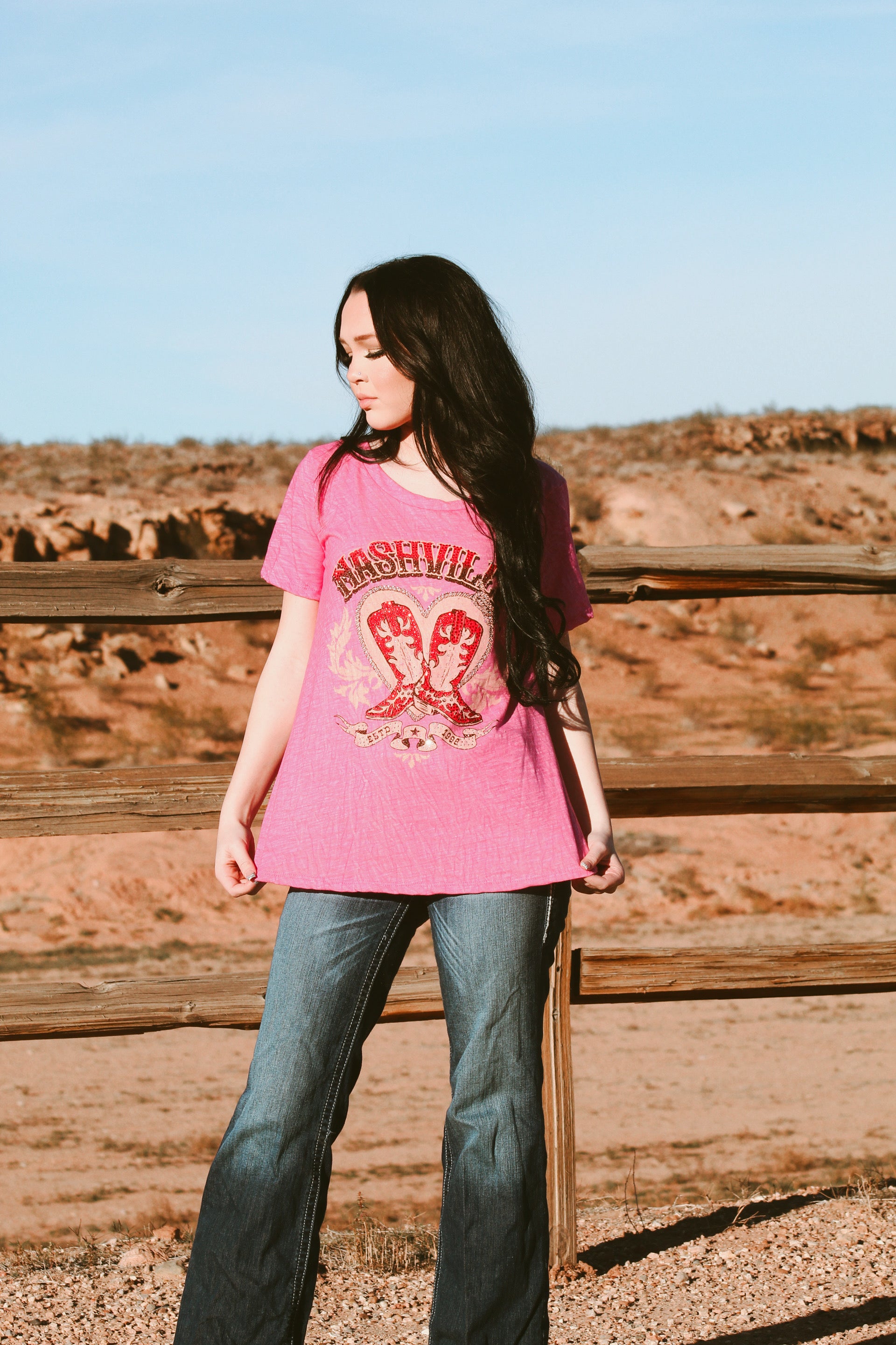 Western rhinestone cowgirl boots graphic on pink Bohemian Cowgirl Nashville t-shirt