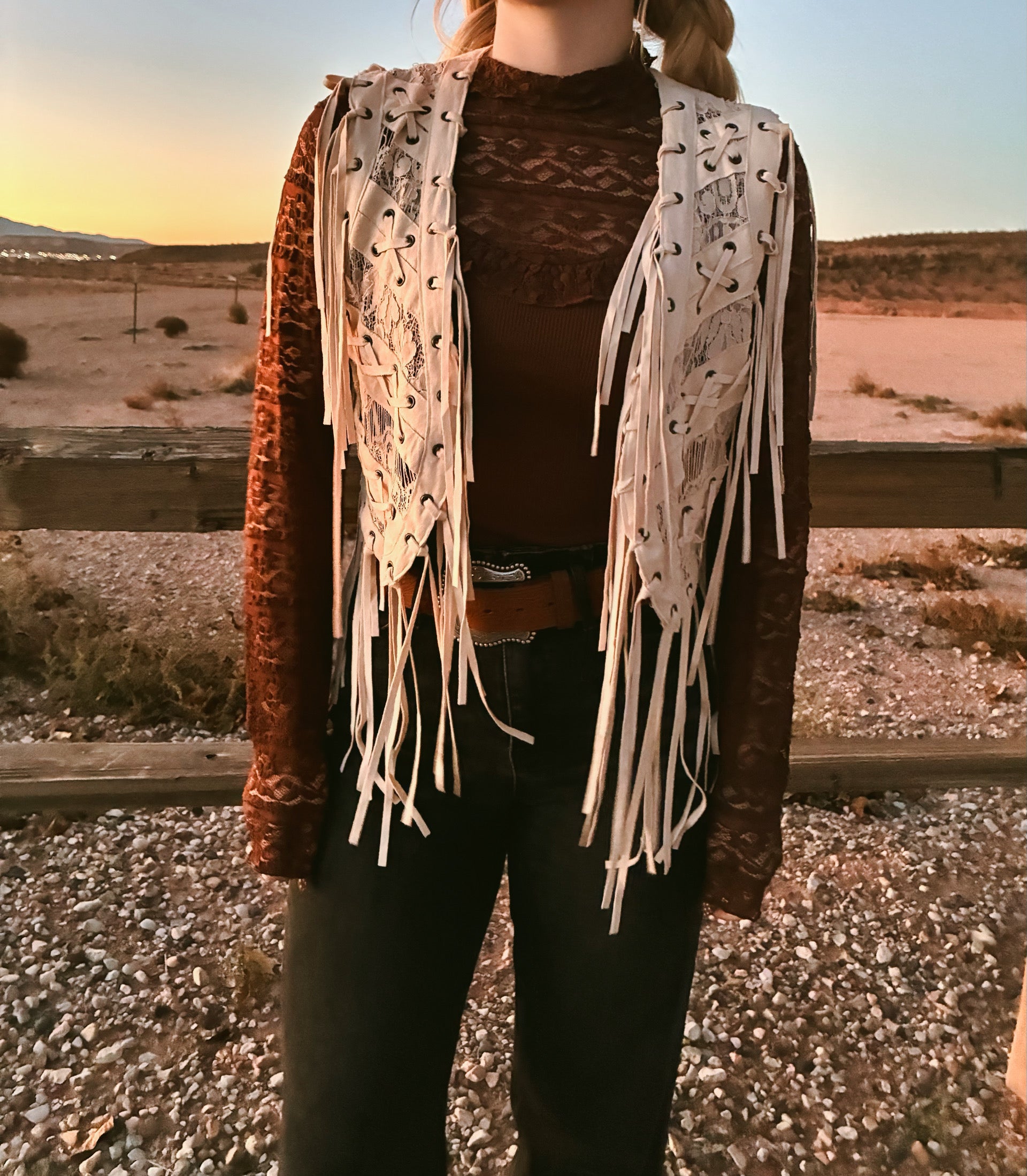 Cream Lace-Up Fringe Vest